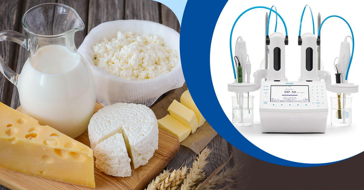 Productos lácteos como leche, queso y mantequilla junto a un valorador potenciométrico, utilizado para el análisis de acidez en leche